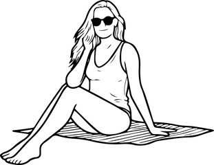 Black and white line art of a beautiful woman relaxing by the beach minimalist peaceful illustration
