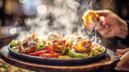 Hand picks a shrimp from a sizzling cast iron skillet with vegetables and steam on a blurred restaurant background. Cozy gourmet dining atmosphere