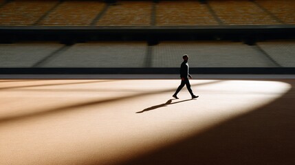 Person Walking Alone on Sports Field with Dramatic Shadows and Light