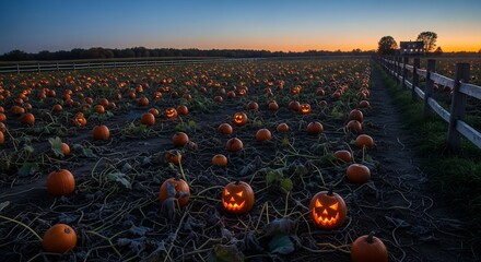 Pumpkin patch at dusk. Halloween scene ideal for autumn holiday promotions, seasonal events, or harvest festival designs. Features carved jack-o'-lanterns & rural charm.