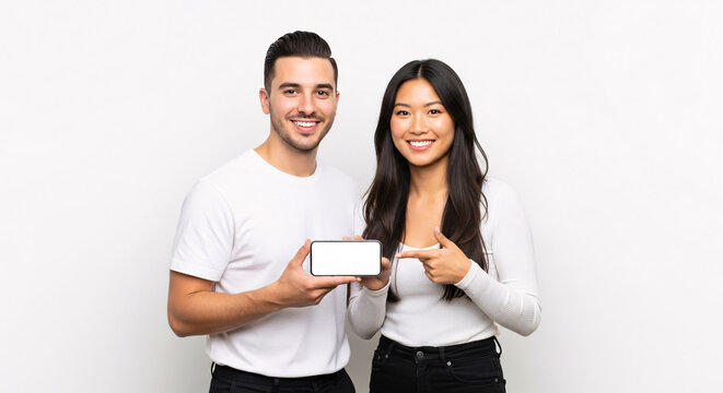 Happy young couple presenting a blank smartphone screen with a cheerful smile against a white background.