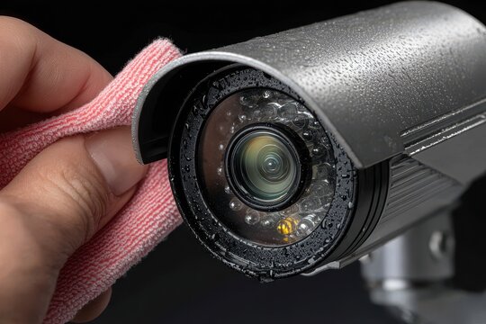 Cleaning a Security Camera Lens with a Soft Cloth for Clarity