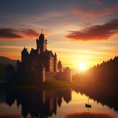 Obraz premium Majestic castle stands on a verdant isle, reflecting in a serene lake during a vibrant sunset.