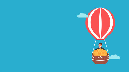 Flat Design Illustration of a Hot Air Balloon Carrying a Businessman's Basket and a Large Stack of Gold Coins. A Visual Concept of Financial Success, Investment, and Economic Growth.