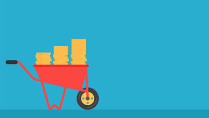 Flat Design Illustration of a Wheelbarrow Filled with Stacks of Gold Coins. Visual Concept of Financial Success, Investment, and Business Profits.
