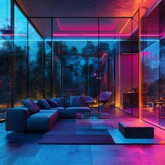 Modern glass house with neon lighting, comfortable furniture, and scenic view for luxurious living and relaxation