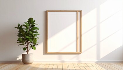 Natural light interior scene with an empty picture frame and plant