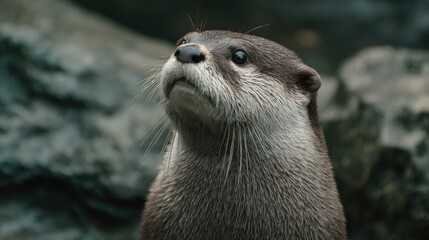 A curious otter stands on a rocky surface looking upwards with bright eyes. The sun shines down highlighting its soft fur and playful demeanor. The setting adds to the charm of this moment.