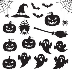 Obraz premium Spooky Silhouette: An array of silhouettes in a spooky and festive themed set. Featuring pumpkin, hat and more. perfect for adding a touch of eerie charm to projects