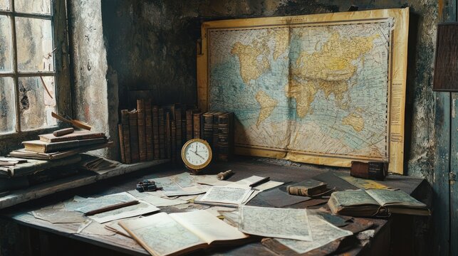 Vintage Study Room with Map, Clock, and Papers.