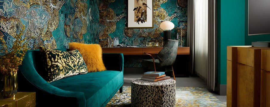 Dynamic small room with teal pattern wallpaper and bold contour furniture