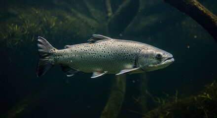 Fototapeta premium Magnificent Brown Trout Swimming Gracefully Through Murky Waters Dark Habitat Environment