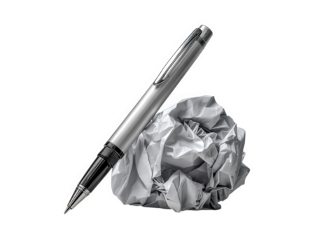 Pen crumpled paper creative concept office stationery writing idea frustration isolated metallic