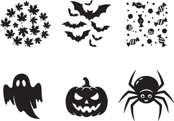 Fototapeta premium Halloween Icon Silhouette Collection: A captivating array of Halloween silhouettes, evoking spooky fun. Including Leaf, bat, candy, ghost, jack-o-lantern, and spider. 