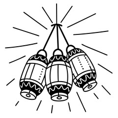 A charming hand drawn black and white illustration of three decorative lanterns hanging from a central point emitting rays of light perfect for festive celebrations and cultural events