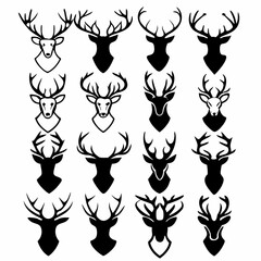 A collection of diverse deer head silhouettes and line art illustrations featuring intricate antlers and stylized facial features representing wildlife and nature themes