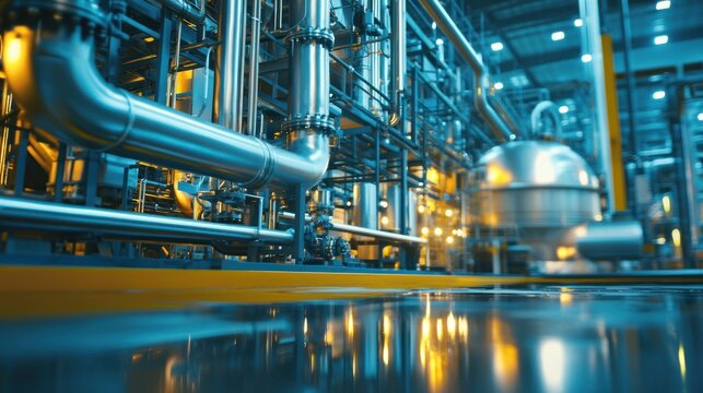 A large industrial plant with metal pipes and tanks, illuminated by yellow and blue lights. - Powered by Adobe