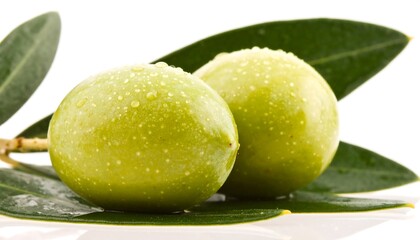 Obraz premium Fresh green olives on branch with leaves
