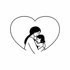 A tender black and white line art illustration of a mother embracing her child within a large heart shape symbolizing love family and connection