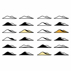 Collection of stylized sand dune icons in various simple outline and filled black and gold color variations representing desert landscapes and arid environments for graphic design elements