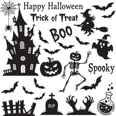 Obraz premium Halloween's Spooktacular Silhouette: A collection of Halloween elements including a haunted house, bats, witch, pumpkin, and more in a monochrome design, perfect for invitations, cards.