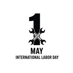 Vector illustration of black and white graphic for international labor day on may 1st, featuring the number 1 and crossed wrenches, symbolizing work and industry