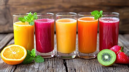 Five glasses of colorful fruit juices on a rustic wooden table with fresh fruits like strawberries, kiwi, and orange slices.