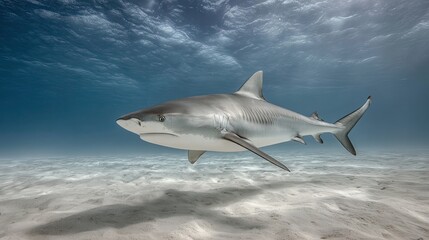 Fototapeta premium Majestic Shark Gliding Through Crystal-Clear Ocean Waters with Sunlight Filtering Down Beneath the Surface
