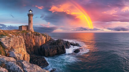 Photo of a lighthouse on the rocky coast of Almandine Island in France, 