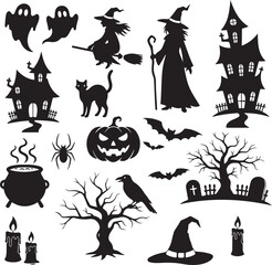 Halloween Silhouette Set: A collection of spooky silhouettes capturing the essence of Halloween. Including witch, haunted house, pumpkin and ghost etc.
