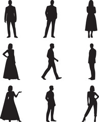 Silhouette of Nine Person: Dynamic array of diverse silhouettes in refined attire, showcasing various poses and expressions, ideal for graphic design and conceptual illustration.