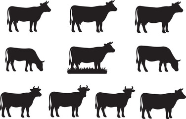 Cow Silhouette Collection: A monochrome collection of cow silhouettes showcasing various poses, offering a versatile resource for design and illustrative projects. 