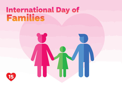 Vector illustration of international day of families illustration with a stylized family of three holding hands in front of a large pink heart - Powered by Adobe