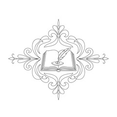 Vector illustration of ornate decorative border framing an open book with a quill pen and inkwell, symbolizing writing, knowledge, and literature