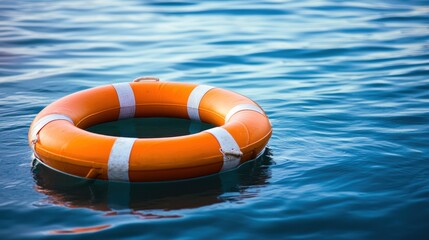 Naklejka premium A life buoy floating in the calm blue waters of the sea.