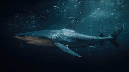 Fototapeta premium Majestic Shark Swimming Gracefully Through Crystal Clear Ocean Waters Among Schools of Fish for Underwater Photography