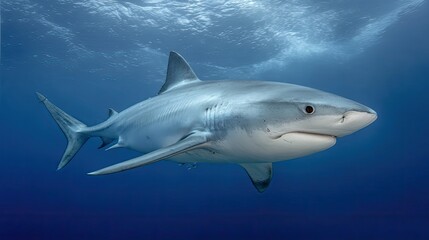 Fototapeta premium Majestic Shark Swimming Gracefully in Clear Ocean Waters, Capturing the Beauty of Marine Life and Underwater Ecosystems