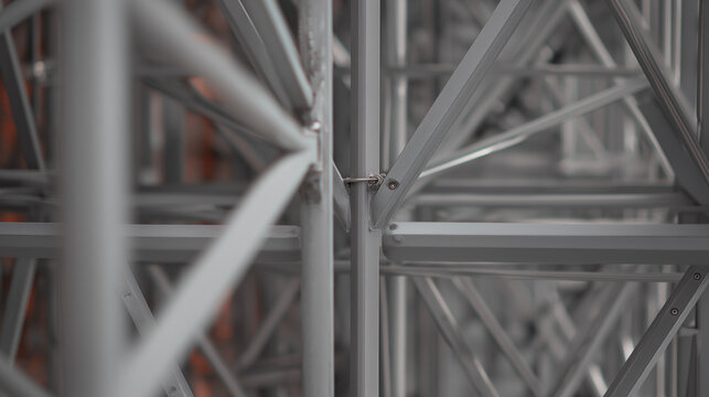 girders. Steel frame structure under construction with ambient lighting and minimal background, real-estate listings.