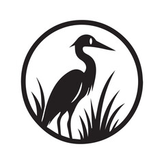 Black vector silhouette of a heron isolated on a white background with a beak, perfect for a wildlife illustration or Buck art design