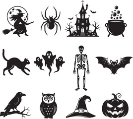 Obraz premium Spooky Halloween Silhouettes: An assortment of classic Halloween figures, including a witch on her broom, a crawling spider, a haunted house, a bubbling cauldron, a sleek black cat, playful ghosts.