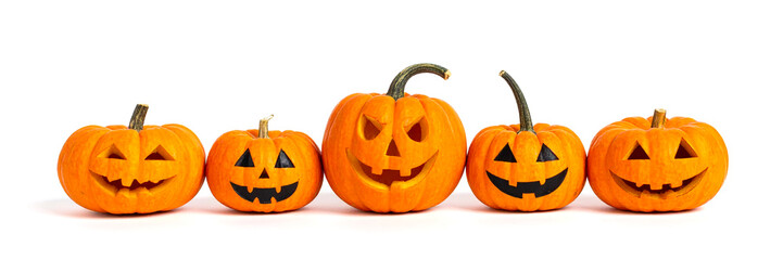 Halloween pumpkins with scary faces isolated on white background. 