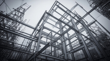 girders. Steel frame structure under construction with ambient lighting and minimal background, real-estate listings.