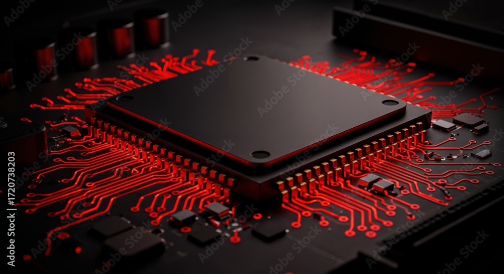 Poster technological core: a close-up shot highlights a powerful, sleek processor with a vibrant red circui