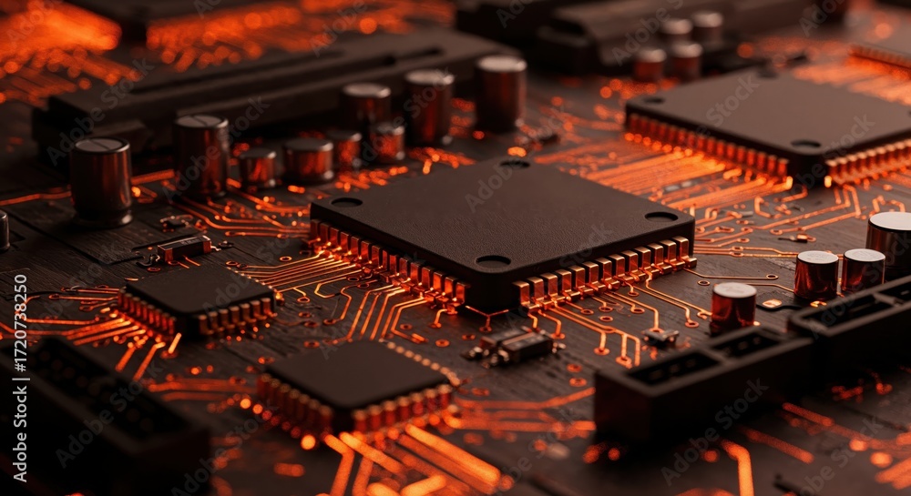 Poster circuit board: detailed shot of a computer circuit board, displaying intricate patterns and technolo