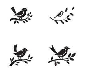 Singing and Perched Bird Silhouettes on Branches Vector Set