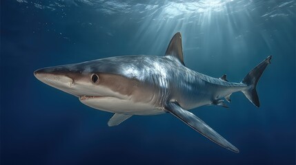 Obraz premium Majestic Shark Gliding Through Clear Blue Ocean Waters Under Gentle Sunlight Rays