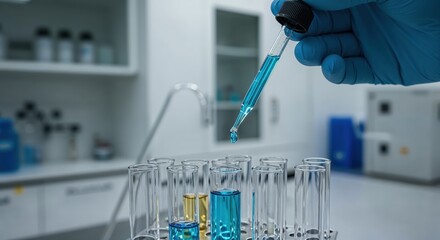 Lab Experiment: A close-up shot showcasing a scientist meticulously conducting a scientific experiment in a laboratory, as a pipette dispenses a bright blue liquid into a test tube.