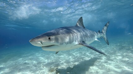 Fototapeta premium Majestic Shark Swimming Underwater in Crystal Clear Ocean Water with Bright Sunlight Filtering Through Waves