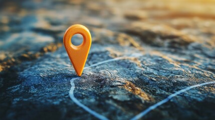 A yellow map pin on a rocky surface with a map in the background.