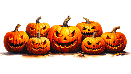 Halloween pumpkins with scary faces isolated on white background. 